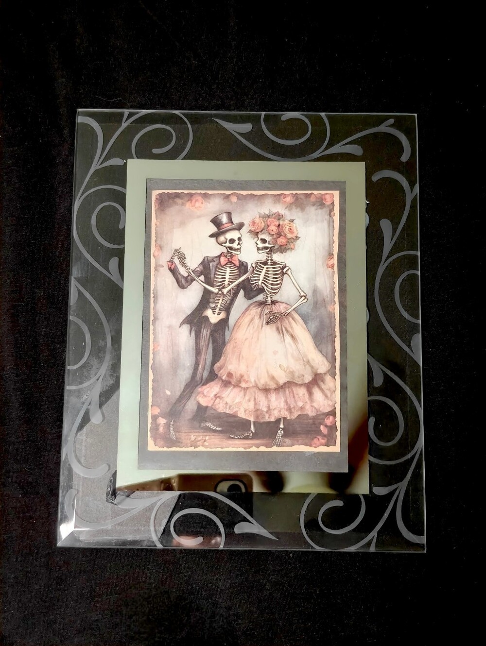 Gothic Dancing Skeleton Couple Art Beveled Glass Mirrored Frame (8 x 10)